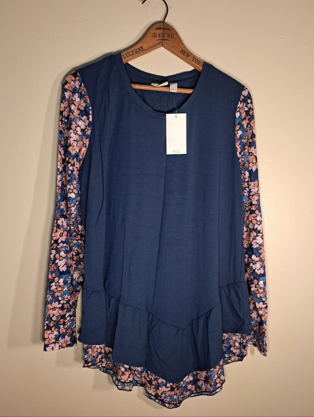 LOGO navy Blue Tunic With Floral Contrast Sleeve Ruffle Hem